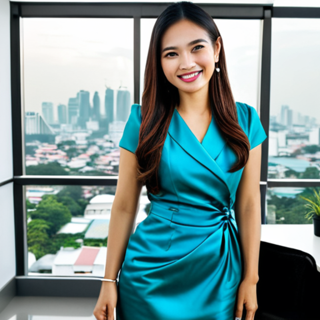 **

A Thai businesswoman in a modern, brightly lit Bangkok office. She's wearing a stylish and modest Thai silk dress suitable for a professional setting. She is smiling warmly, looking directly at the viewer. Behind her is a clean and minimalist office space with a view of the Bangkok skyline. The image should be high quality and well-lit, with perfect anatomy and a natural pose. Safe for work, appropriate content, fully clothed, professional.

**