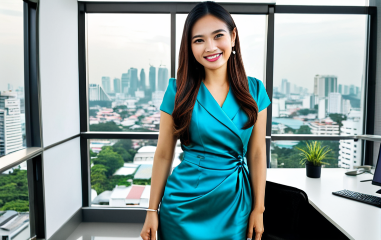 **

A Thai businesswoman in a modern, brightly lit Bangkok office. She's wearing a stylish and modest Thai silk dress suitable for a professional setting. She is smiling warmly, looking directly at the viewer. Behind her is a clean and minimalist office space with a view of the Bangkok skyline. The image should be high quality and well-lit, with perfect anatomy and a natural pose. Safe for work, appropriate content, fully clothed, professional.

**