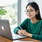 Home 10 자원 큐레이션과 데이터 관리의 관계 - **Prompt:** A serene young Thai woman, in her mid-20s, is comfortably seated at a sleek, minimalist ...