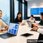 자원 큐레이션 시스템의 효과적인 홍보 전략 - A modern Thai digital marketing workshop scene showing diverse young professionals gathered around l...