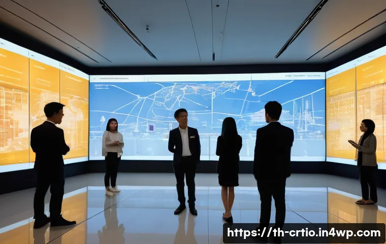 자원 큐레이션 시스템의 사회적 가치 평가 - A modern digital information curation center in Bangkok, Thailand, featuring a diverse group of Thai...